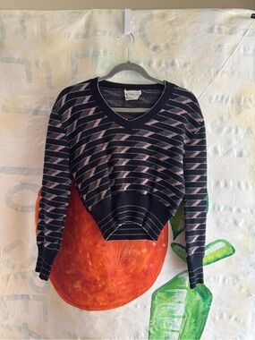 Vintage 1960s Navy & Pink V-Neck Patterned Women's Sweater with Metallic Detail